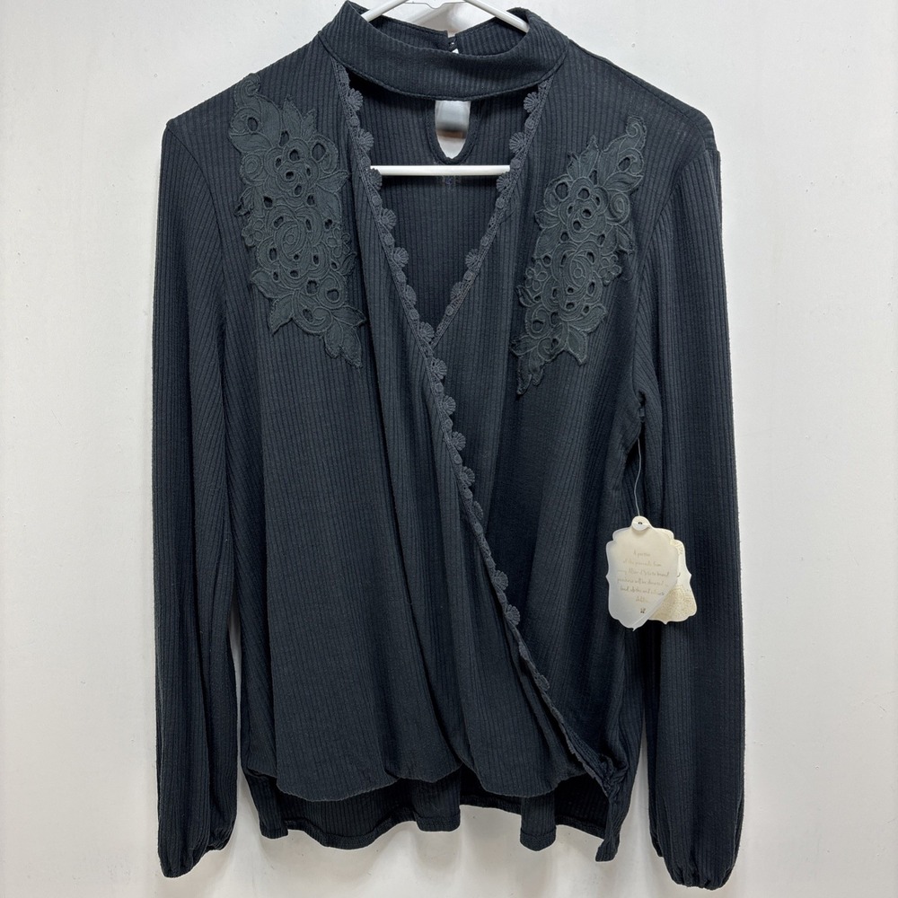 Altar'd State Boho Ribbed Black Gray Choker Embroidered Top NWT Cottagecore Chic